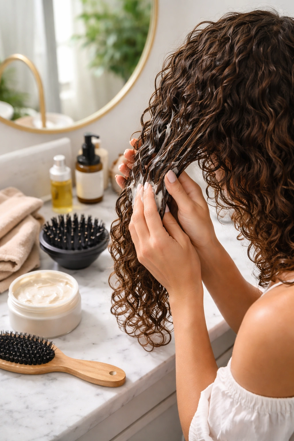 Hands applying leave-in conditioner to damp curly hair