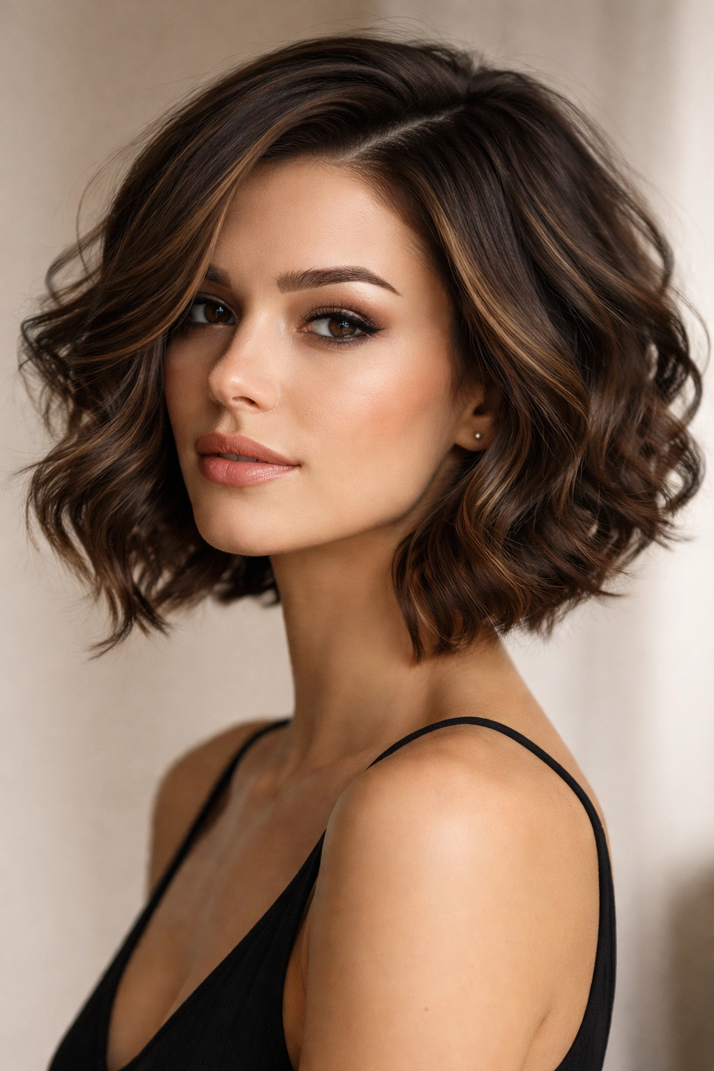 Brunette curled asymmetrical bob with longer front and shorter back