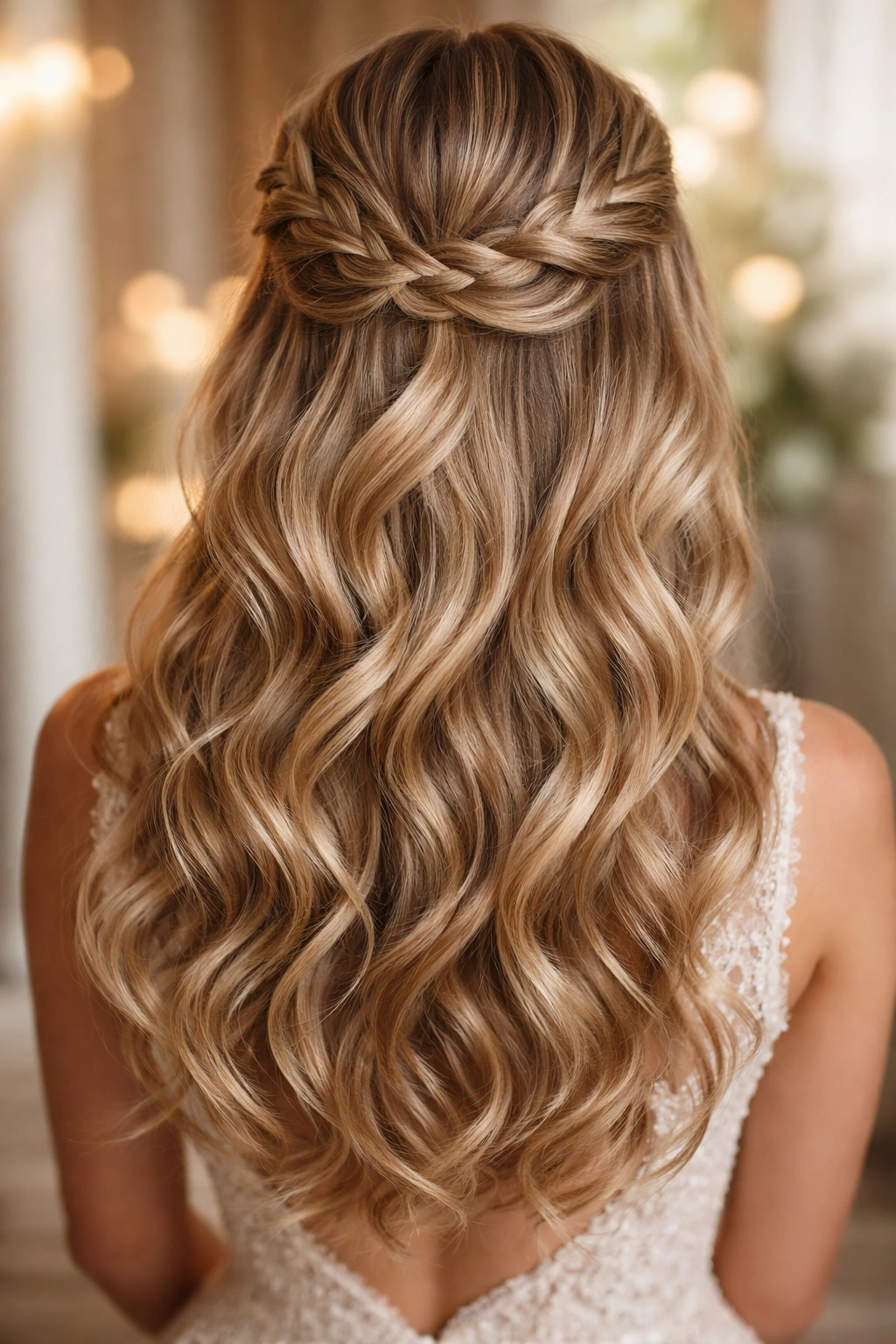 Back view of romantic curled half crown with loose waves