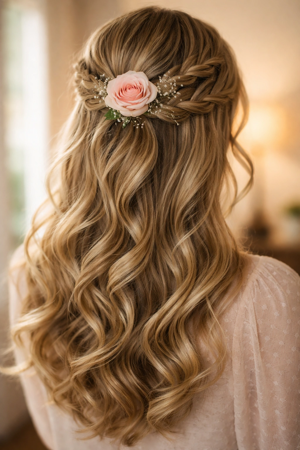 Curls forming a crown with a single garden rose tucked into the crown