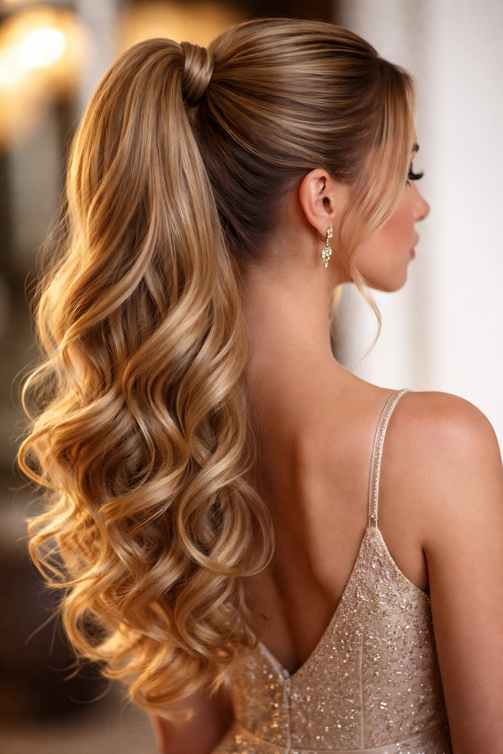 High ponytail with curling ends cascading down, creating a glamorous cascade