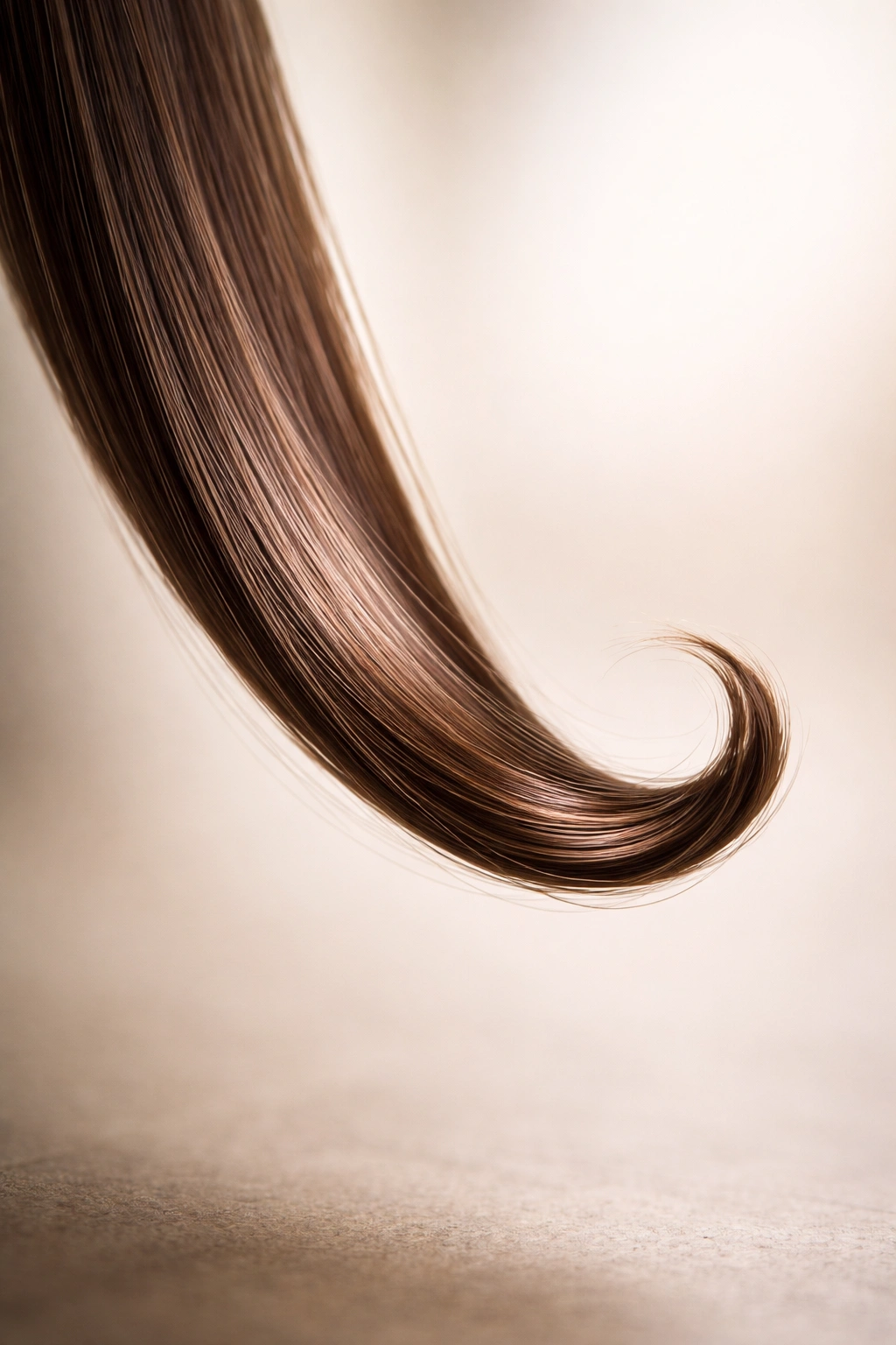 Close-up of a straight hair strand with a curled end on a neutral background