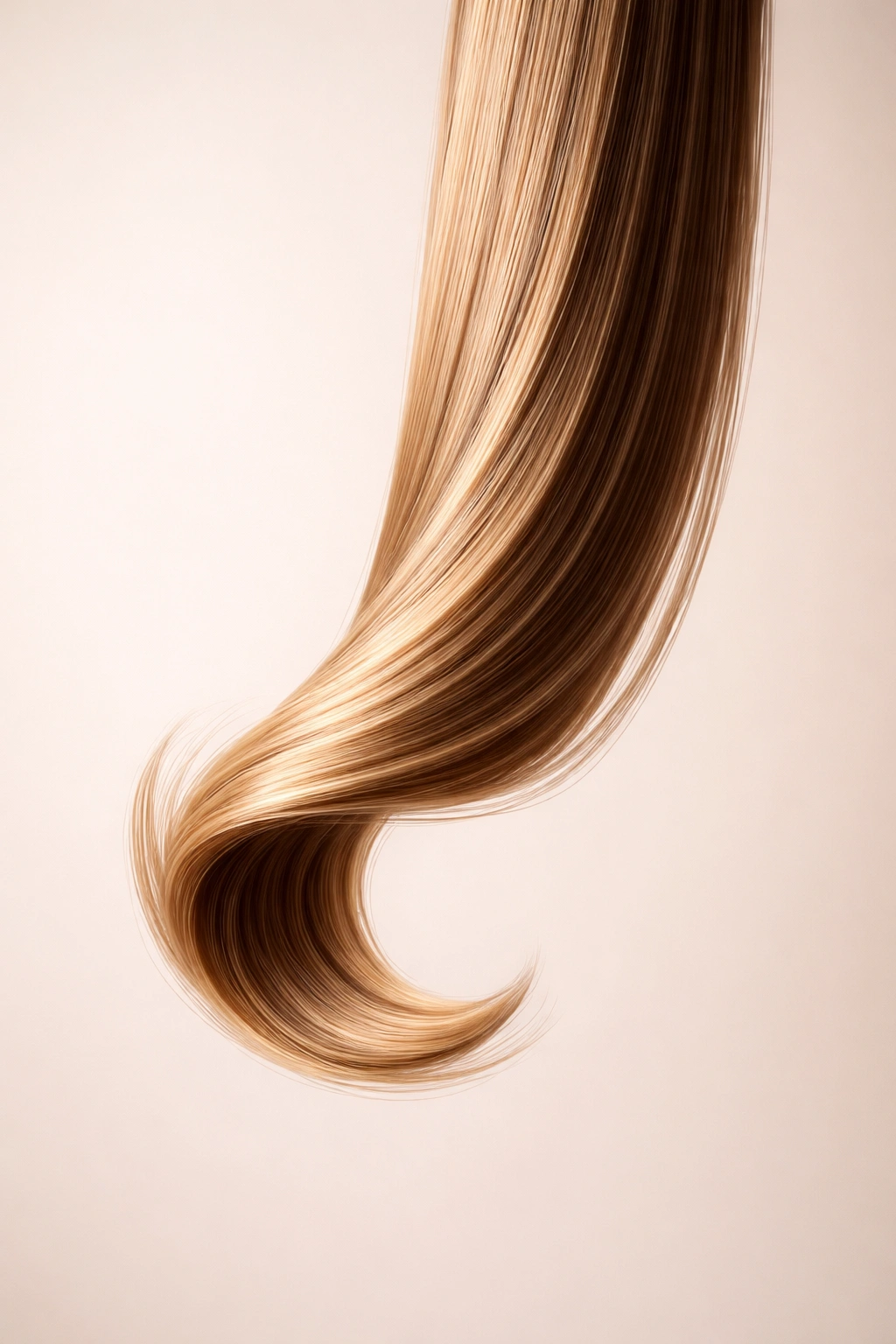 Close-up of a straight hair strand with a curled end on a neutral background