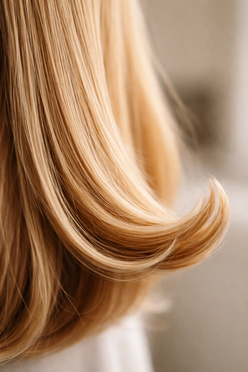 Hair strand with a defined curl end under soft studio light