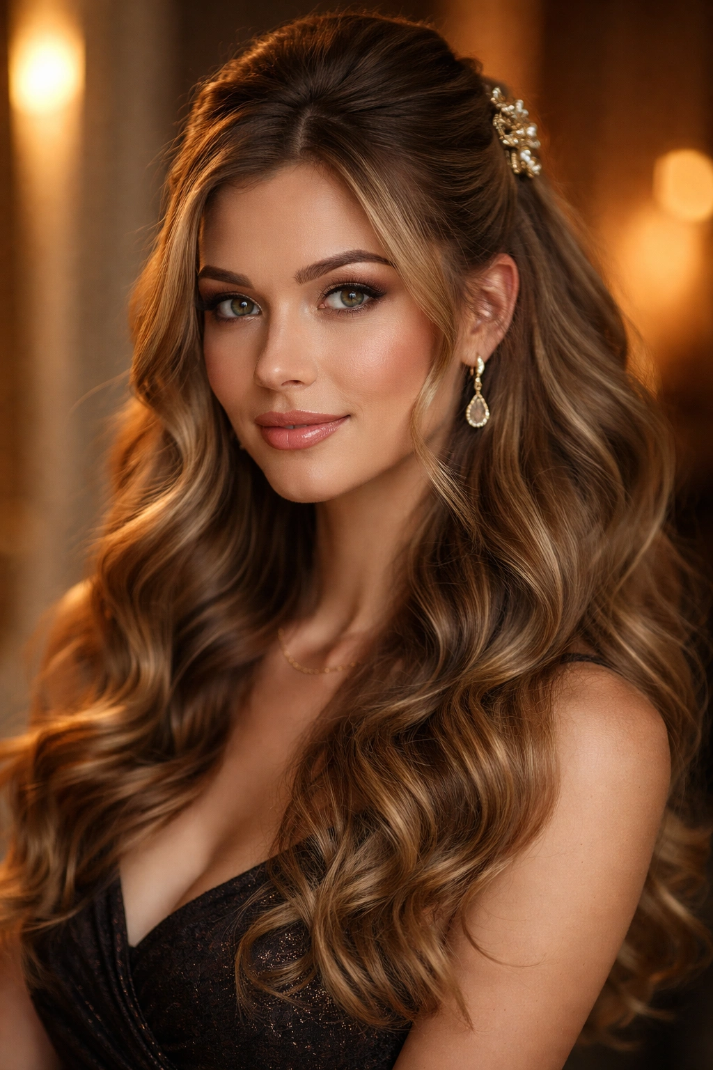 Defined curled half-up hairstyle with a statement clip