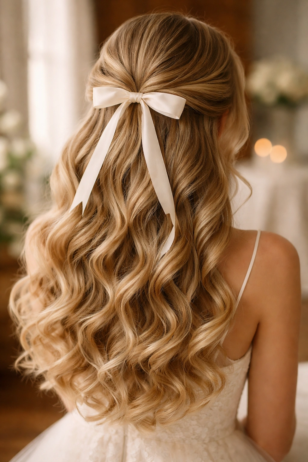 Curled half-up hairstyle with a ribbon securing the top
