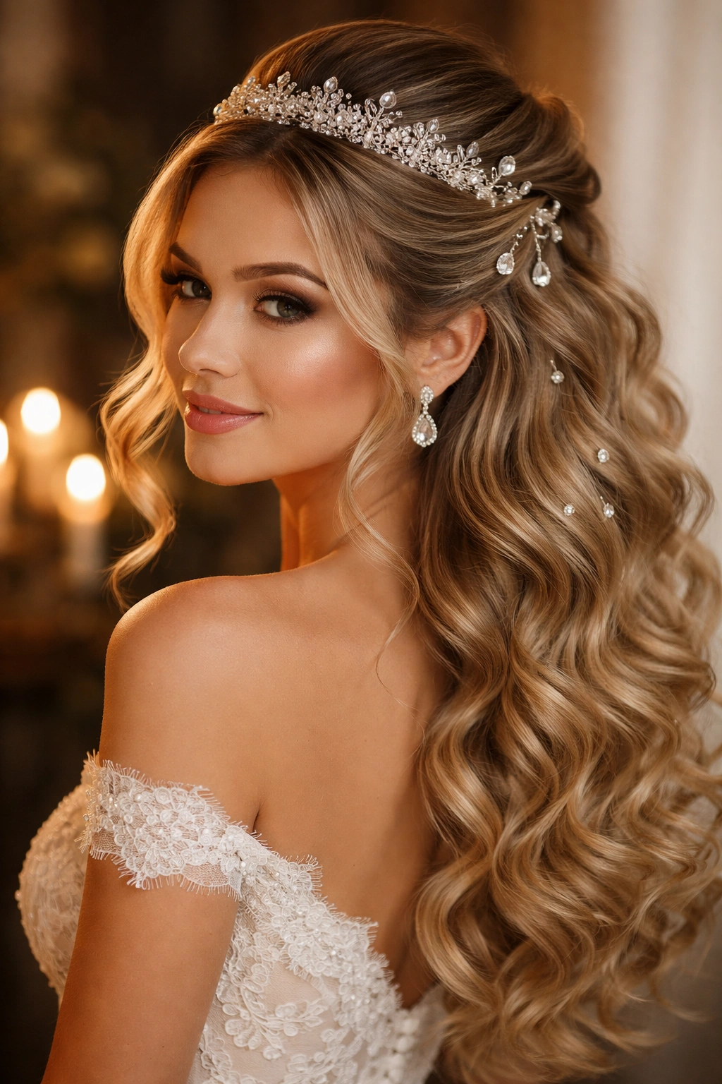 Curled half-up hairstyle with tiara and crystal pins