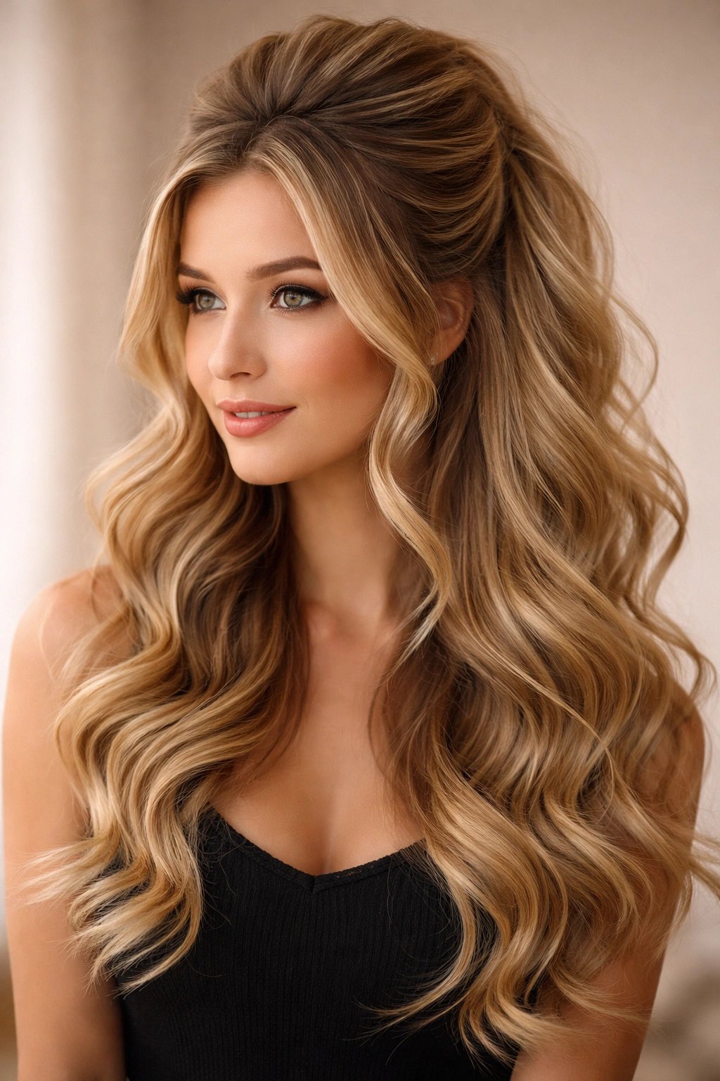 Curled half up hairstyle with volume at the crown and flowing curls