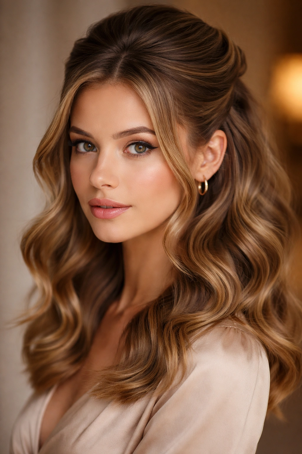 Close-up of a person with a half-up hairstyle featuring vintage, defined waves pinned at the crown.