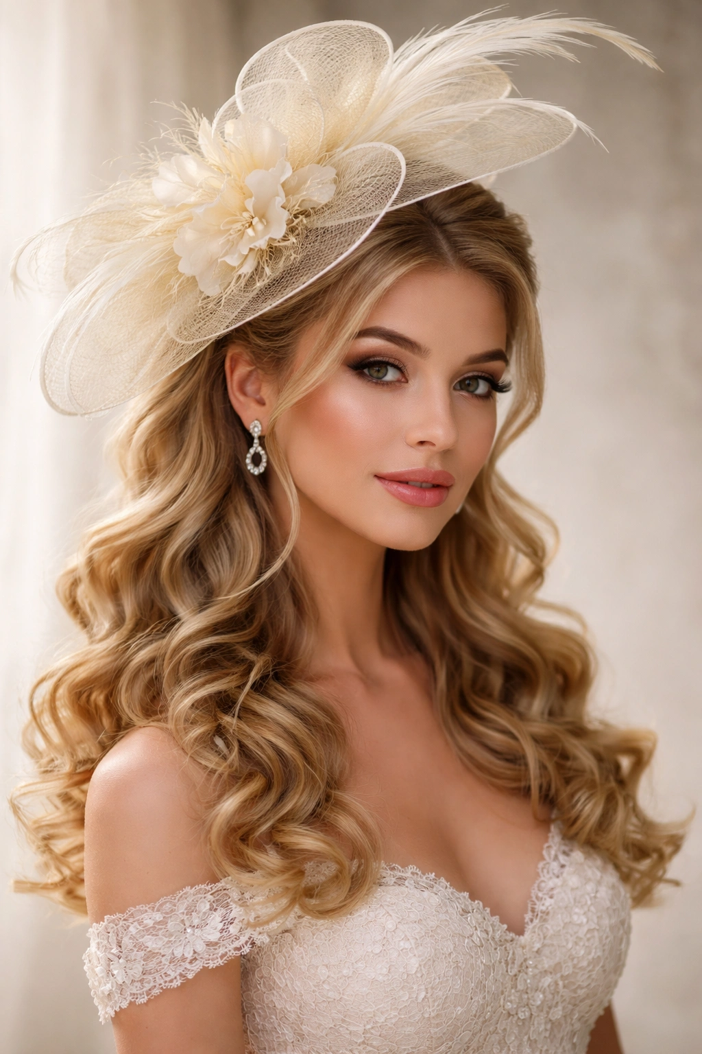 Curled half-up with oversized fascinator in studio