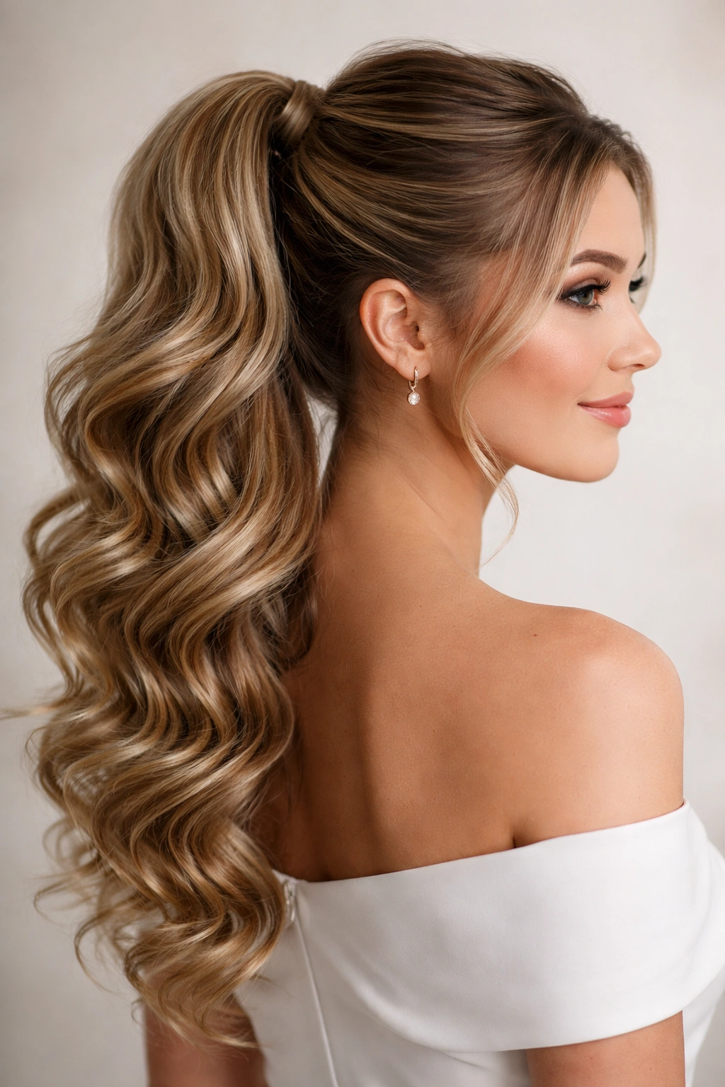 Ponytail with voluminous curls cascading from crown