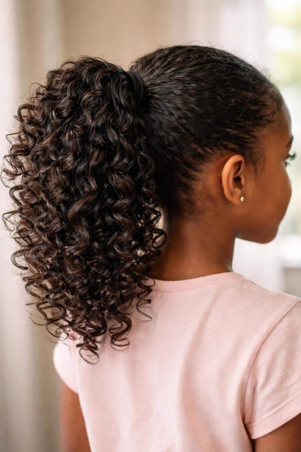 Ponytail with clearly separated curls showing texture and volume from the side/back.