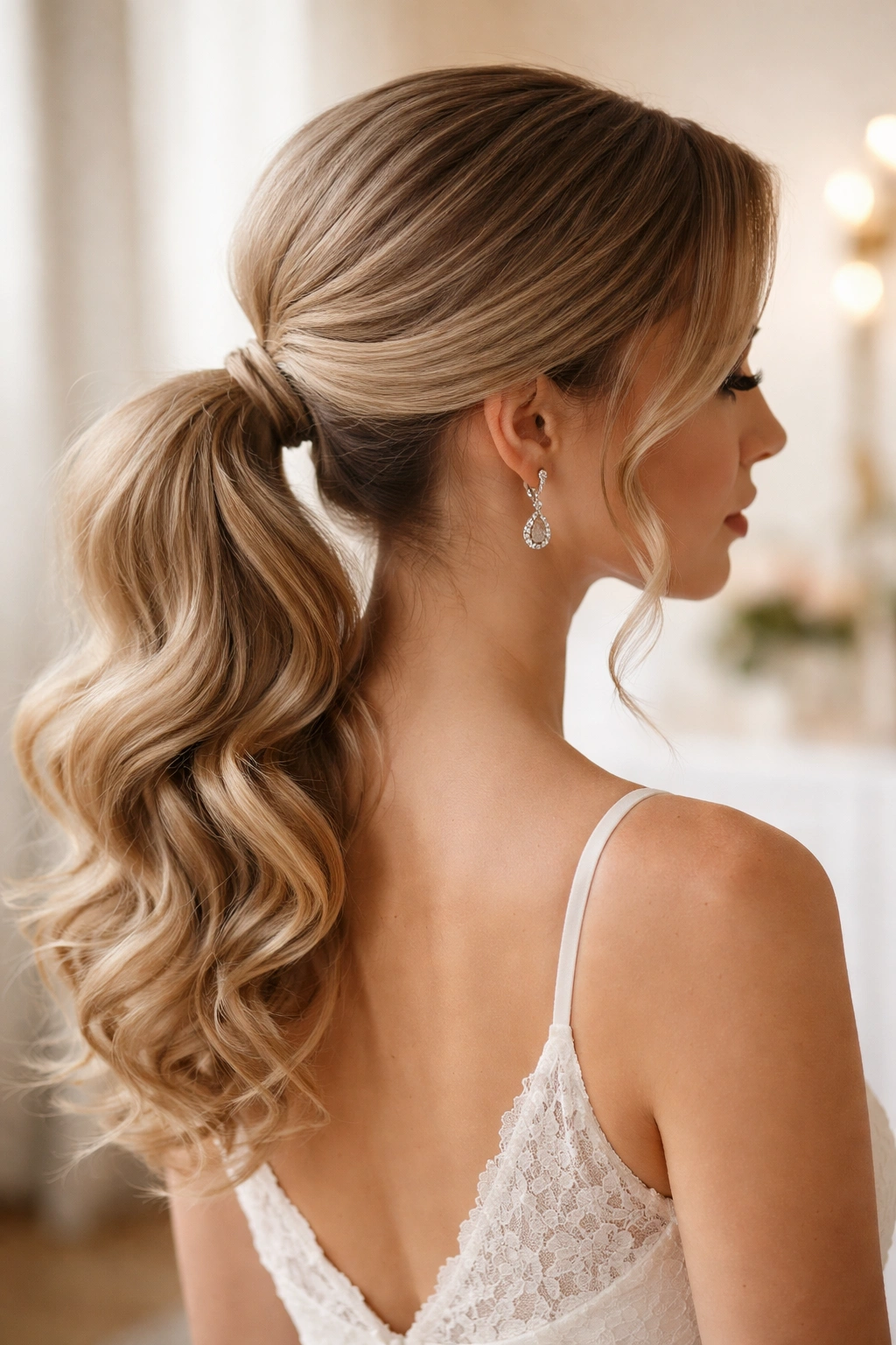 Side profile of a low ponytail with soft curls and tendrils framing the face