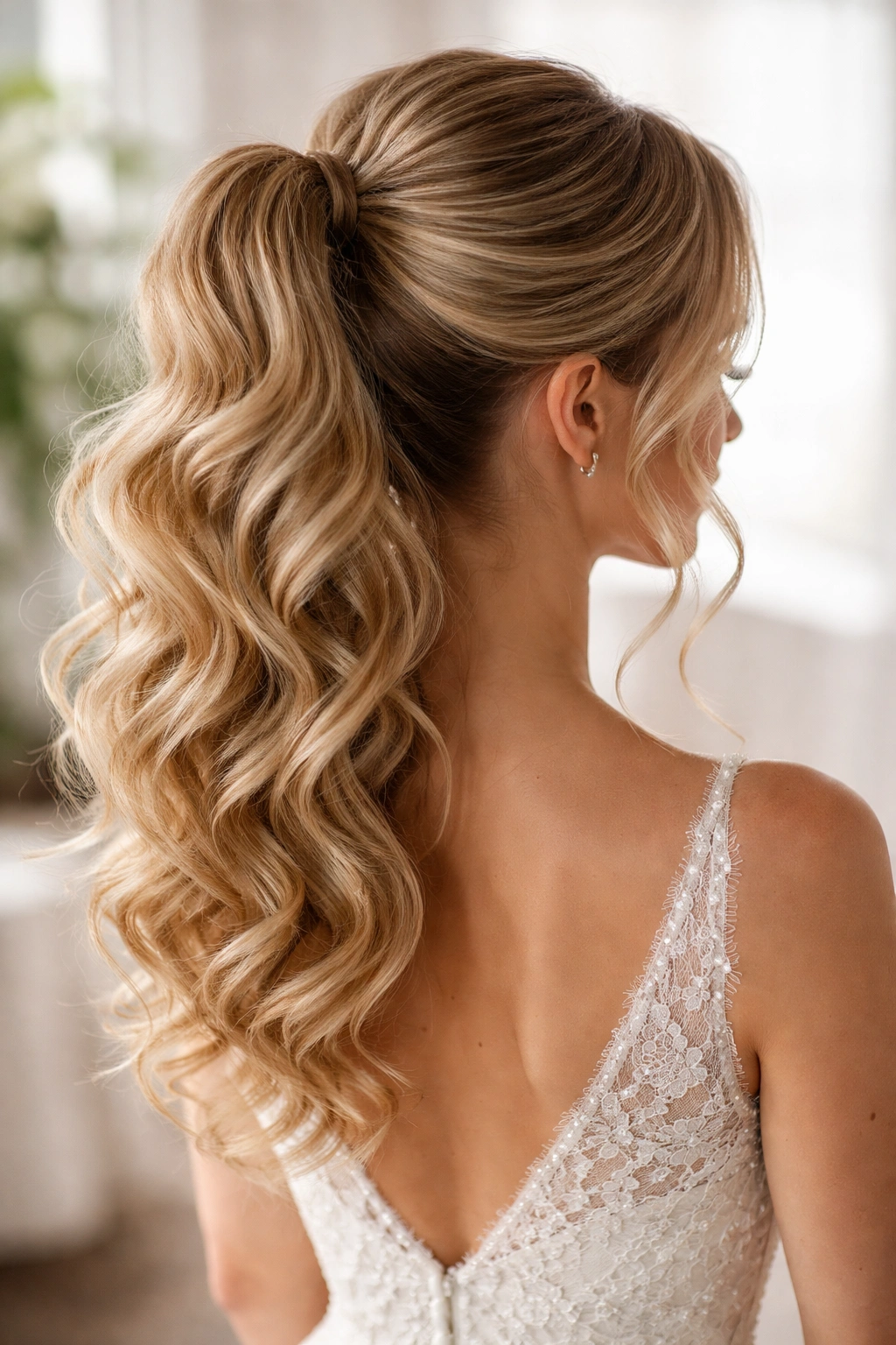 Ponytail with soft waves and curls ready for a wedding look