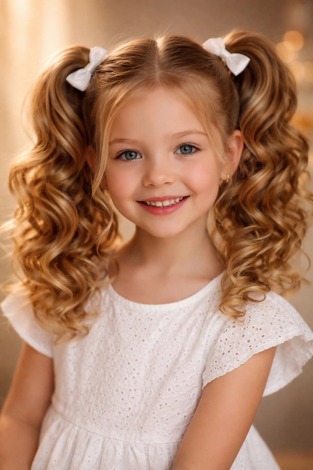 Child with curled double ponytails showing voluminous curls