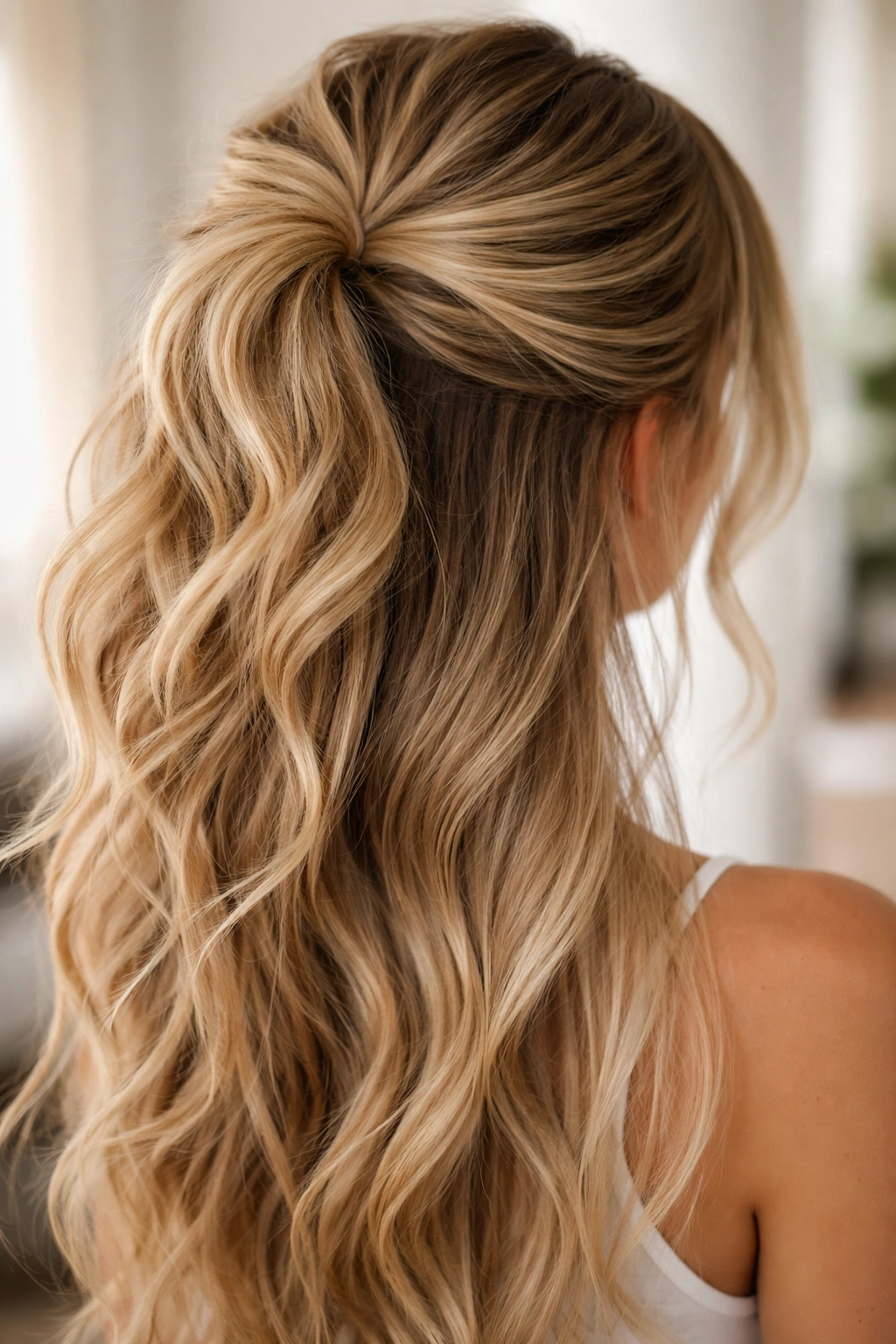 Upper section curled with loose ends contrast against straight hair