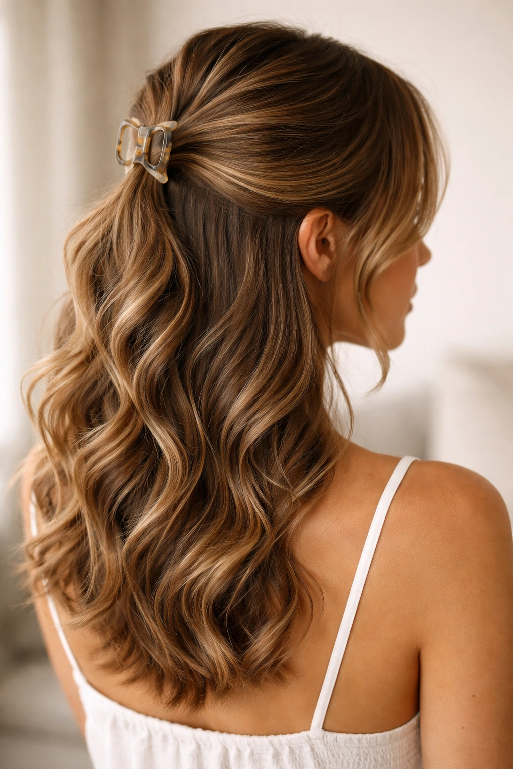 Curled waves half-up hairstyle with claw clip