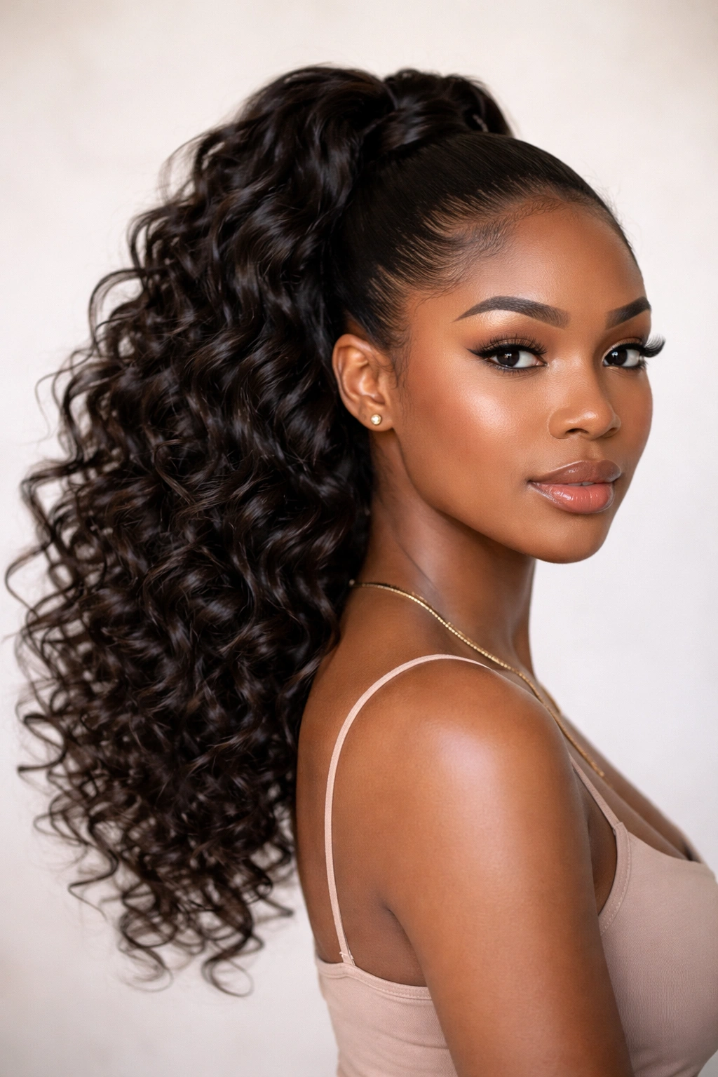 Curled weave ponytail with defined curls and volume on short hair