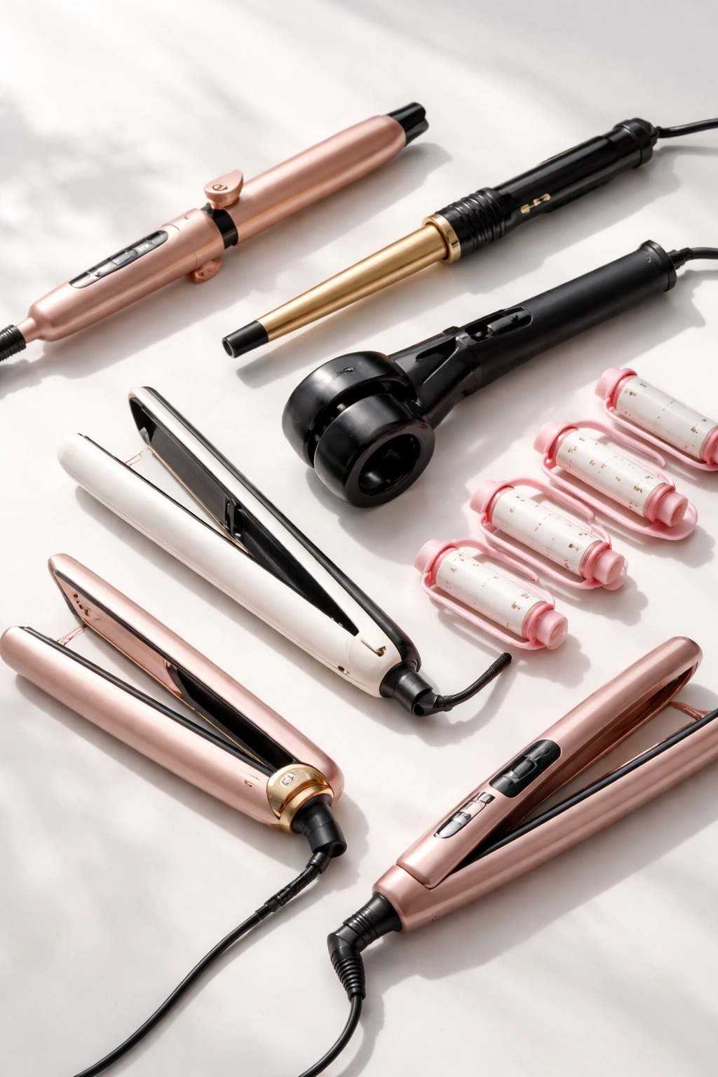 Flat lay of curling irons, wands and curlers on a white background
