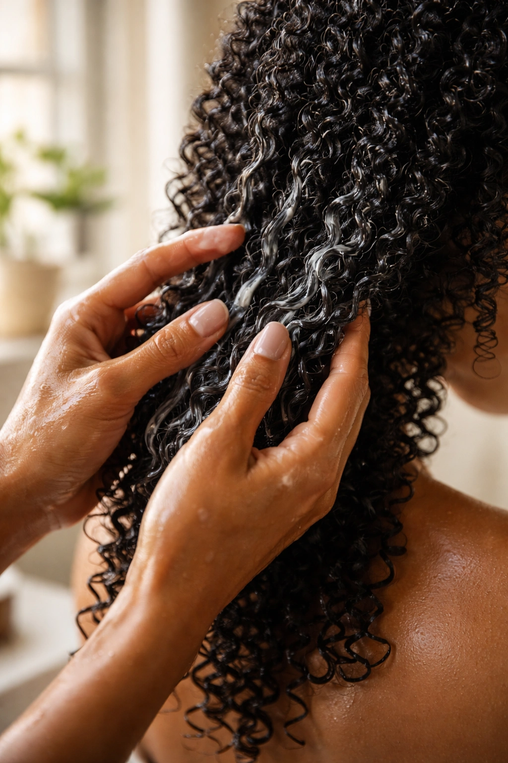 Hands applying leave-in conditioner to damp curls for hydration and definition