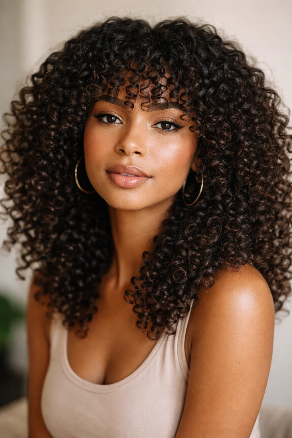 Close-up of a person with curly bangs and loose defined coils around the face