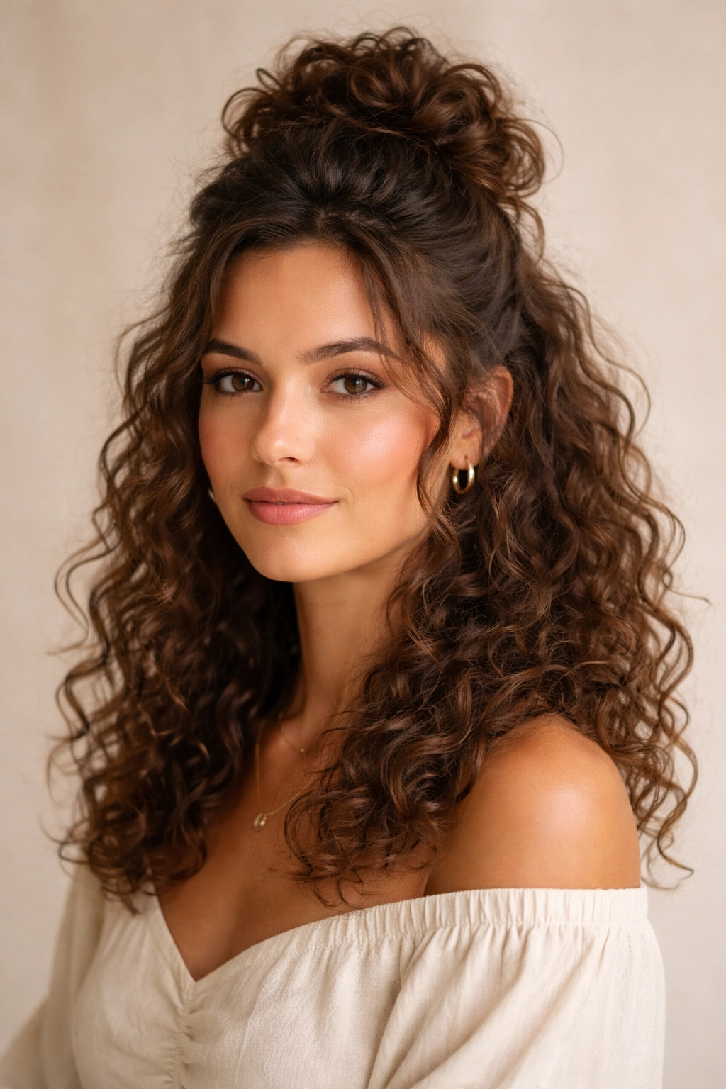 Profile view of curly hair styled into a textured bun at the crown with loose curls