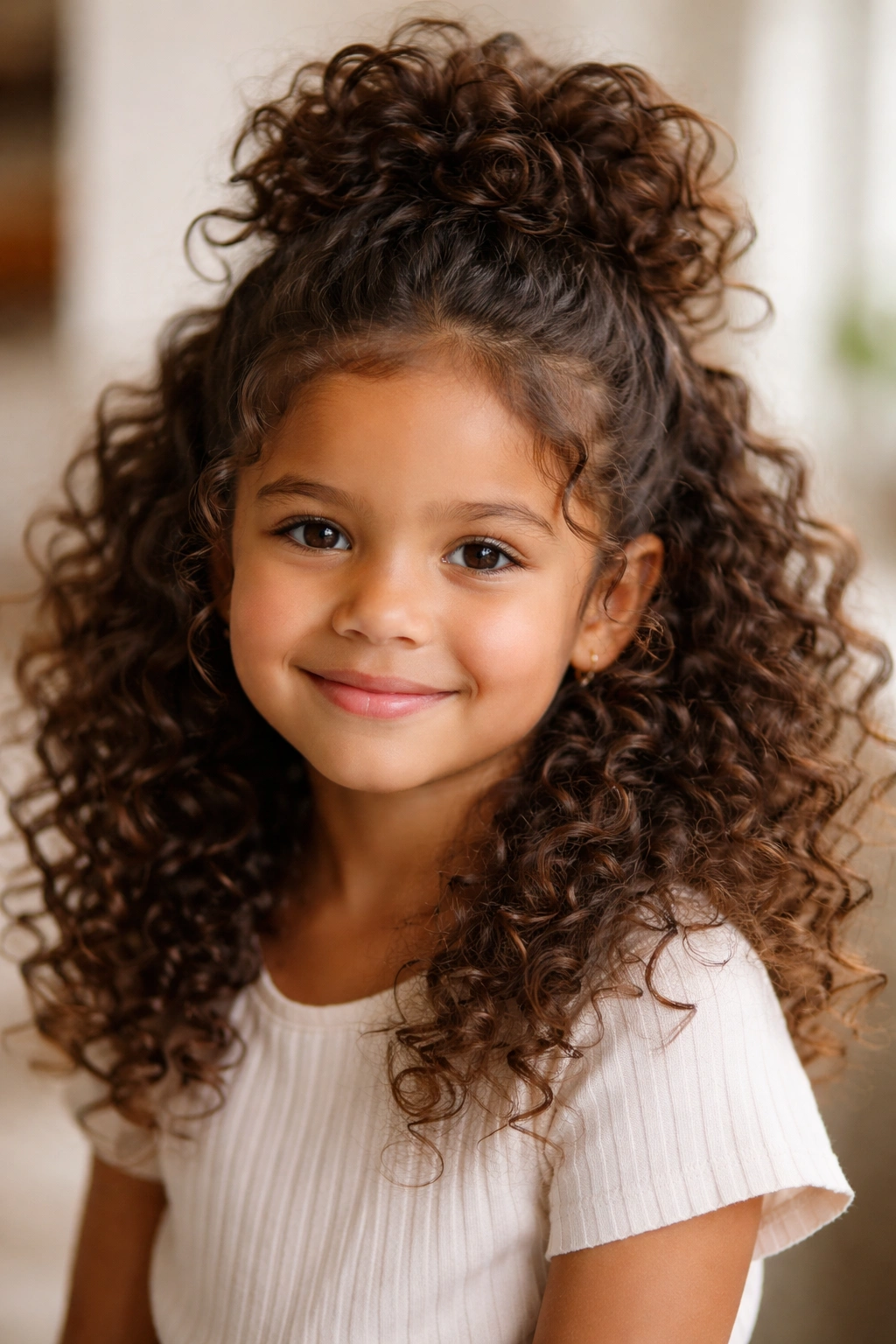 Close-up of a child’s curly half-up bun with intentional volume.