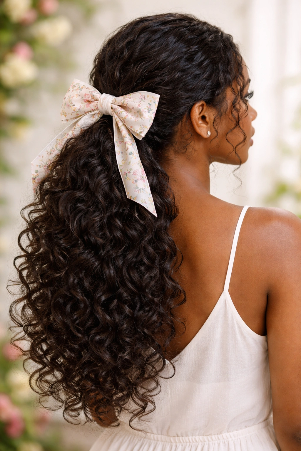 Low curly cascading ponytail with a delicate floral bow