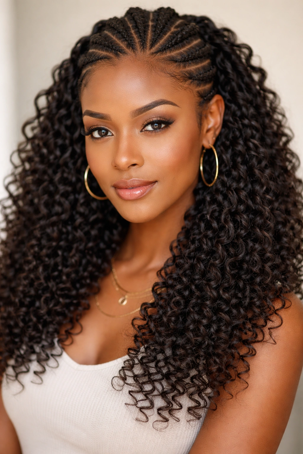 Cornrows with curly crochet hair showing defined curls and volume