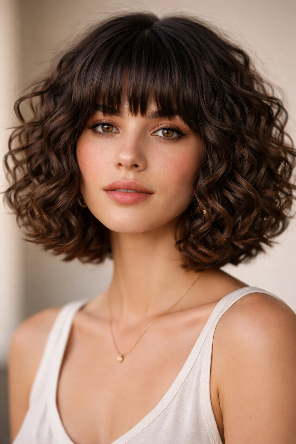 Portrait of a curly fringe bob with deep waves and a blunt fringe