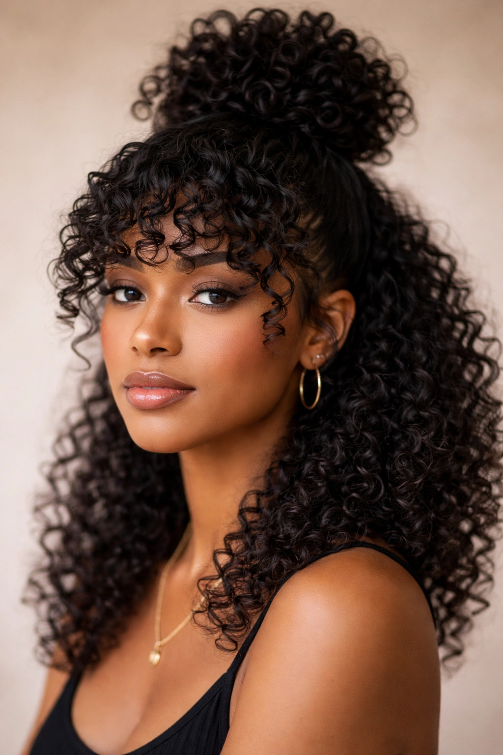 Close-up portrait of a person with a curly fringe half-up bun framing the face
