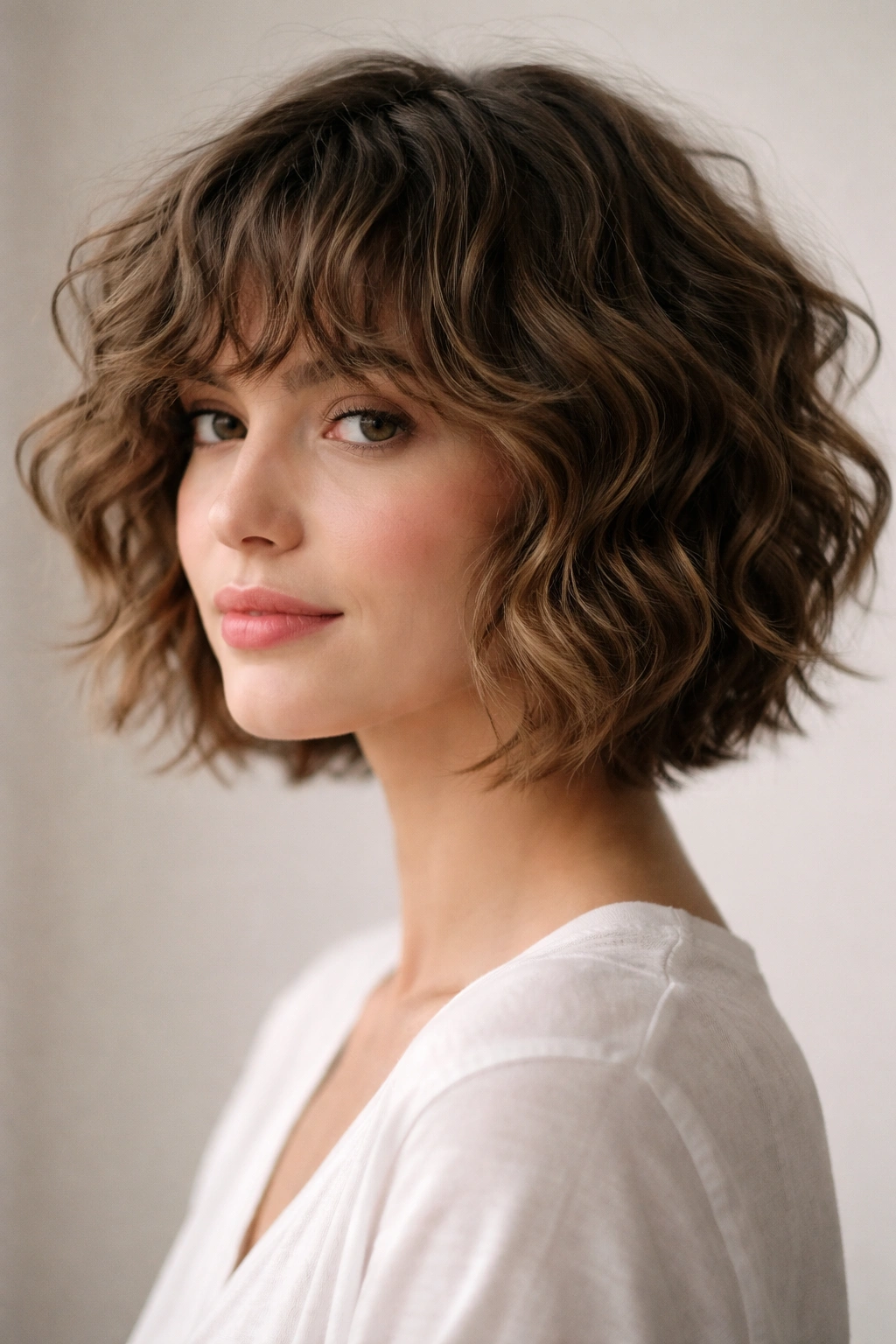 Short wavy haircut with textured curly fringe blending into waves
