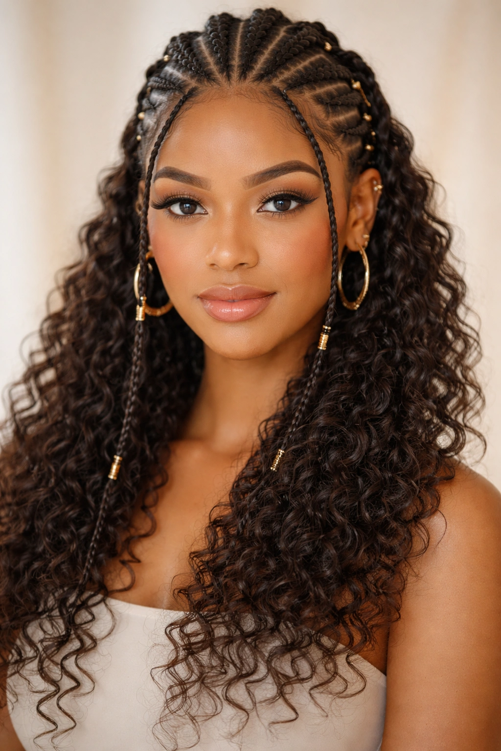 Close-up of curly-textured Fulani braids with curls adding volume on thin hair