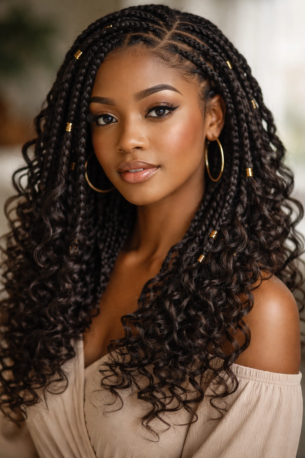 Curly Fulani twists with loosened ends forming soft curls