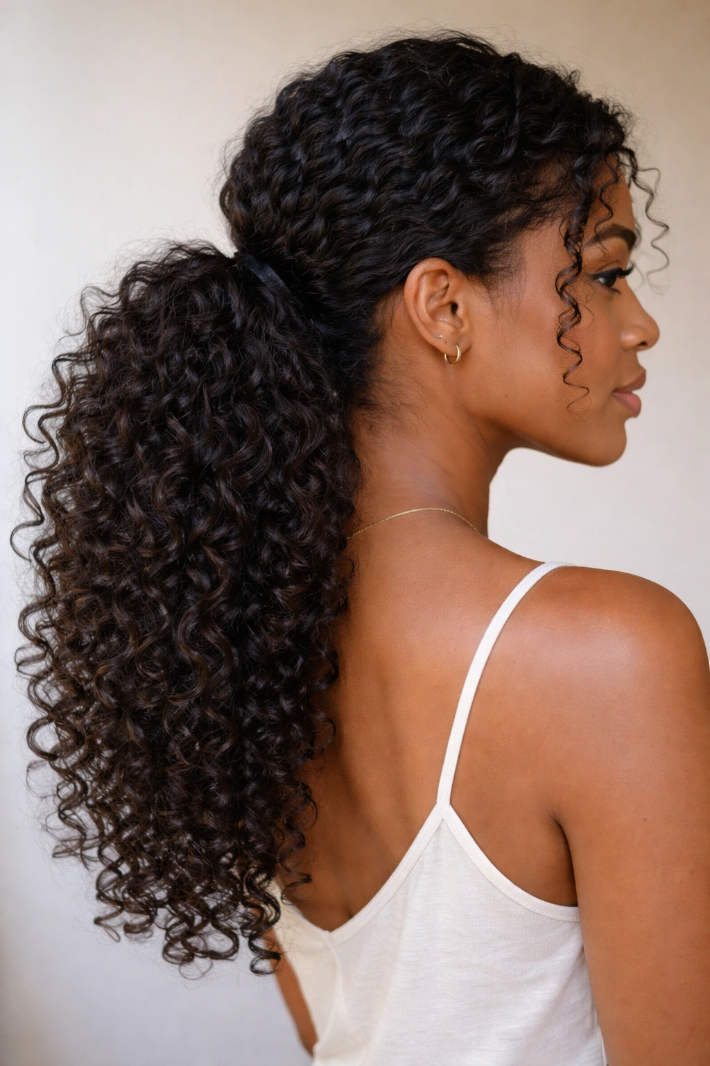 Low ponytail showcasing voluminous curls and natural texture