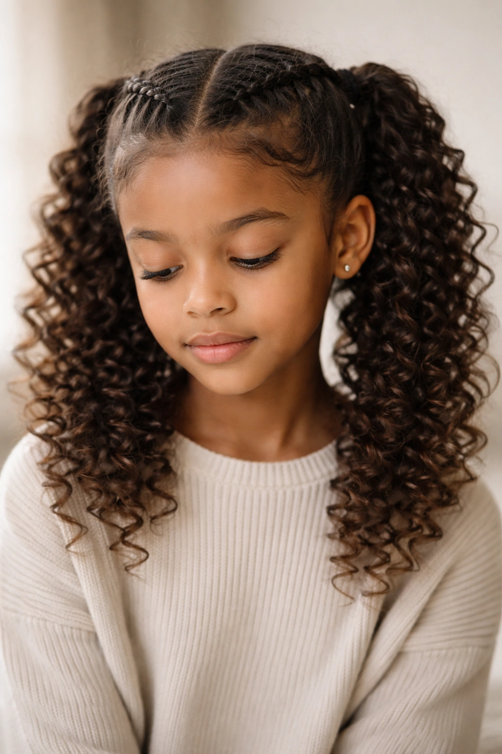 Calm portrait of a curly-haired child with braided ponytails
