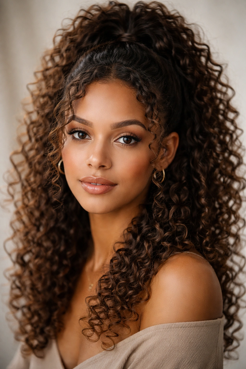 Close-up of a curly-haired person with half up half down hairstyle highlighting curls and volume