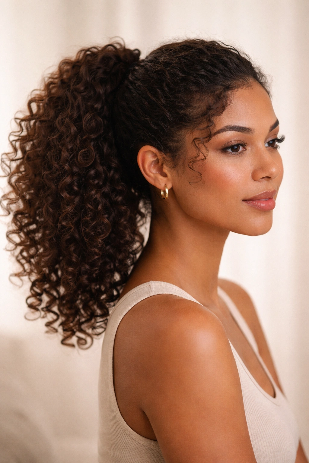 Portrait of a person with curly hair in a mid ponytail highlighting natural curl texture