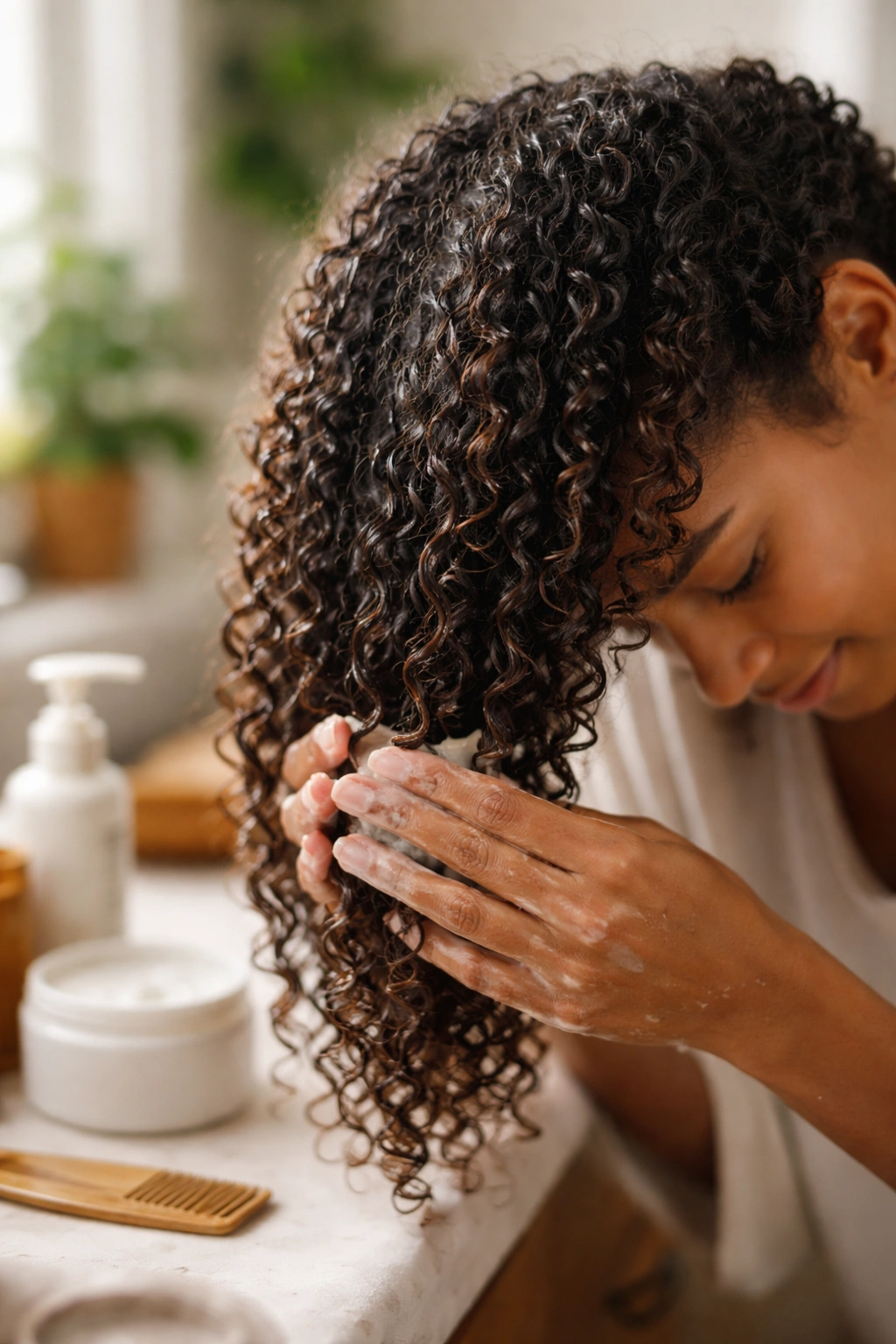Close-up of curly hair being prepared with cleansing and conditioning for Fulani braids