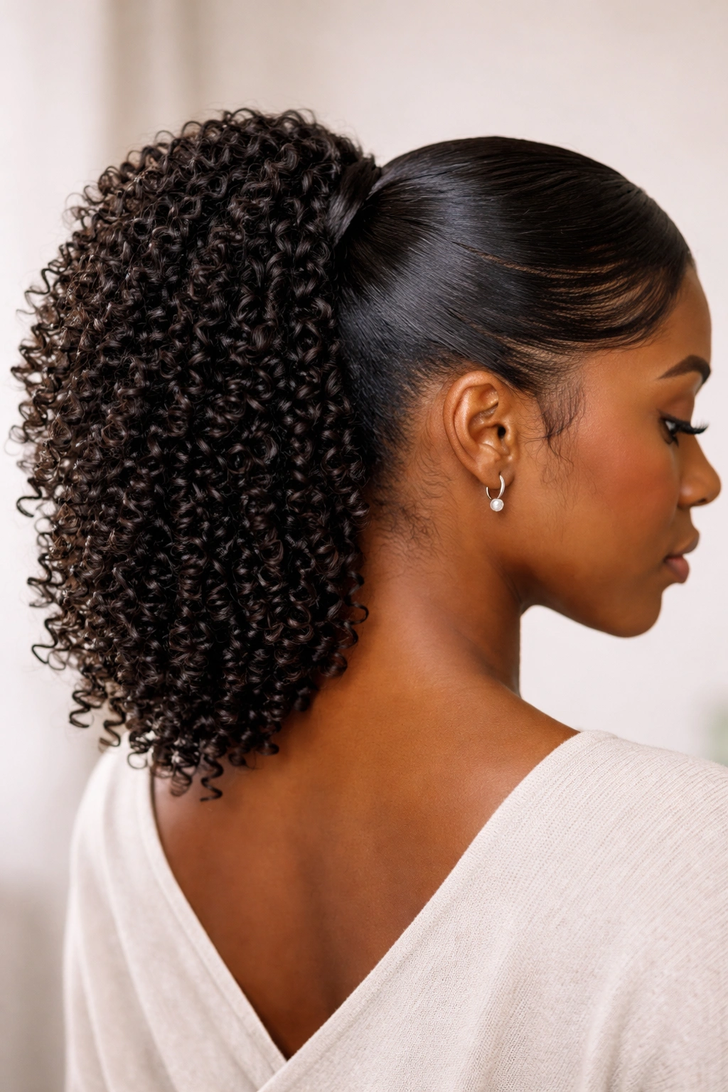 Close-up of a curly coil side-part ponytail showing distinct, separated coils and defined texture