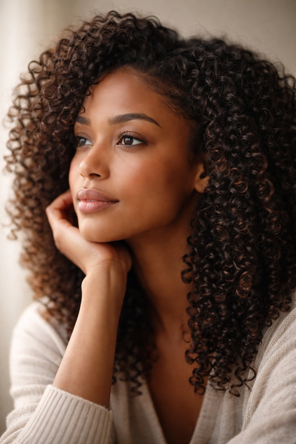 Serene close-up of curly natural hair in a calm, thoughtful pose