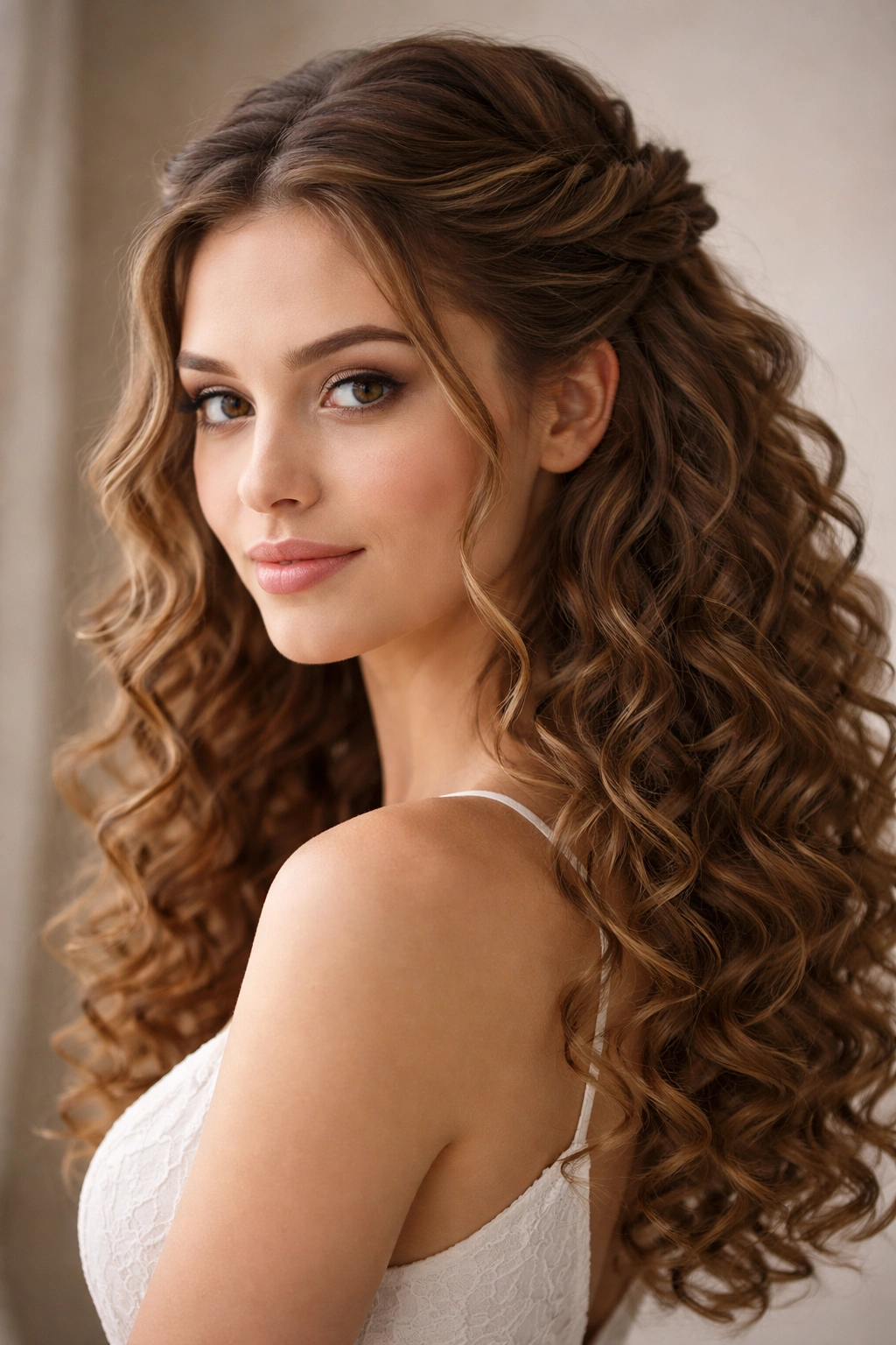 Close-up of The Romantic Twisted Crown hairstyle with curls framing the face