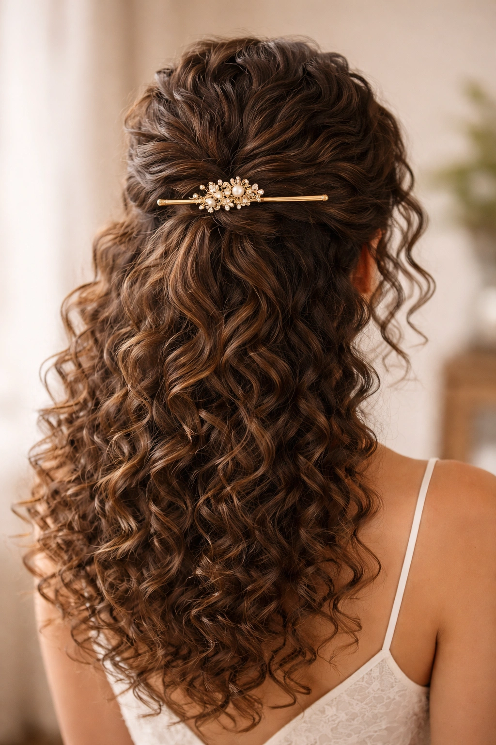 Close-up of a curly half-up hairstyle secured with a decorative hair stick