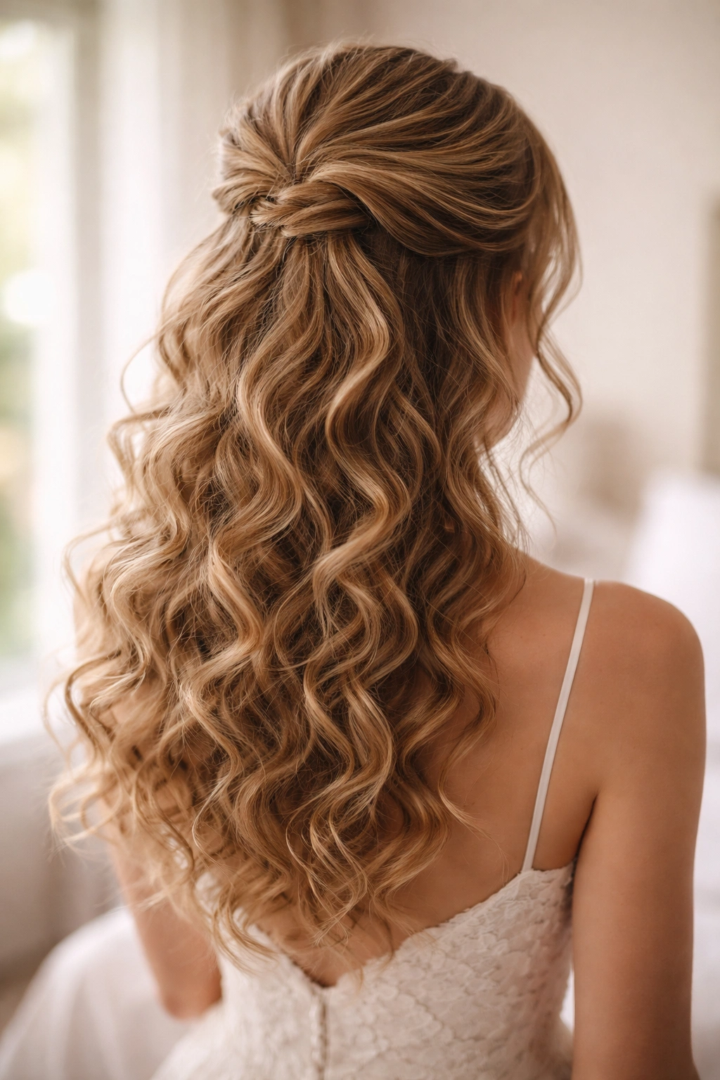 Close-up of curly and voluminous half-up hairstyle with defined curls