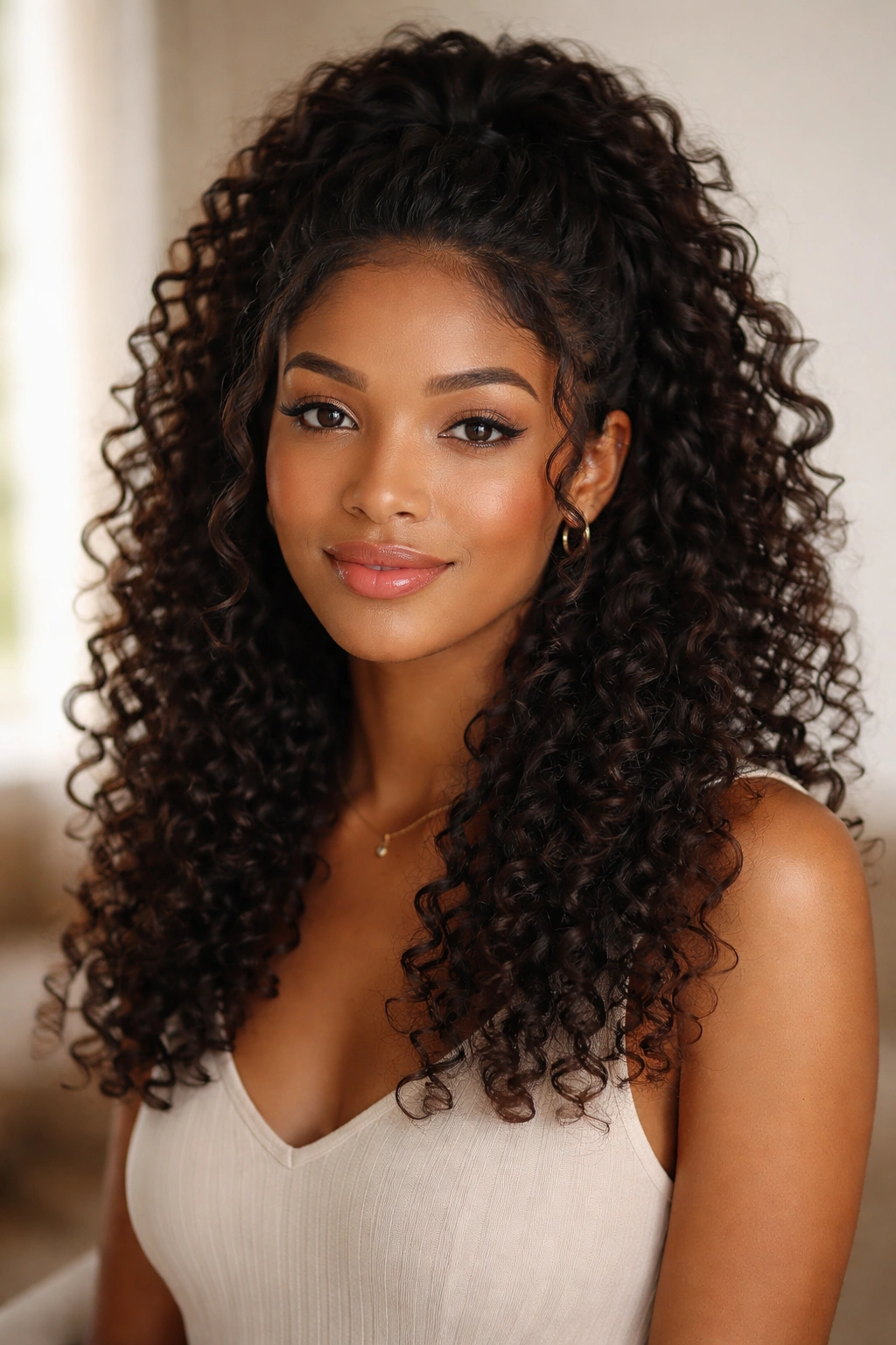 Close-up of textured half-up with natural curls gathered at the temples