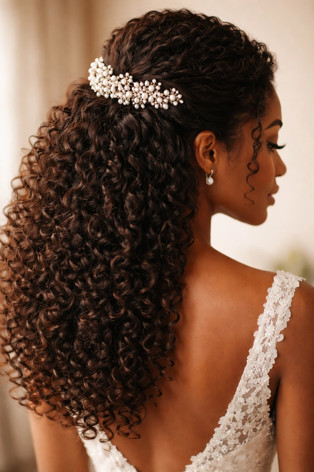 Close-up of romantic curly half-up hairstyle with a pearl comb