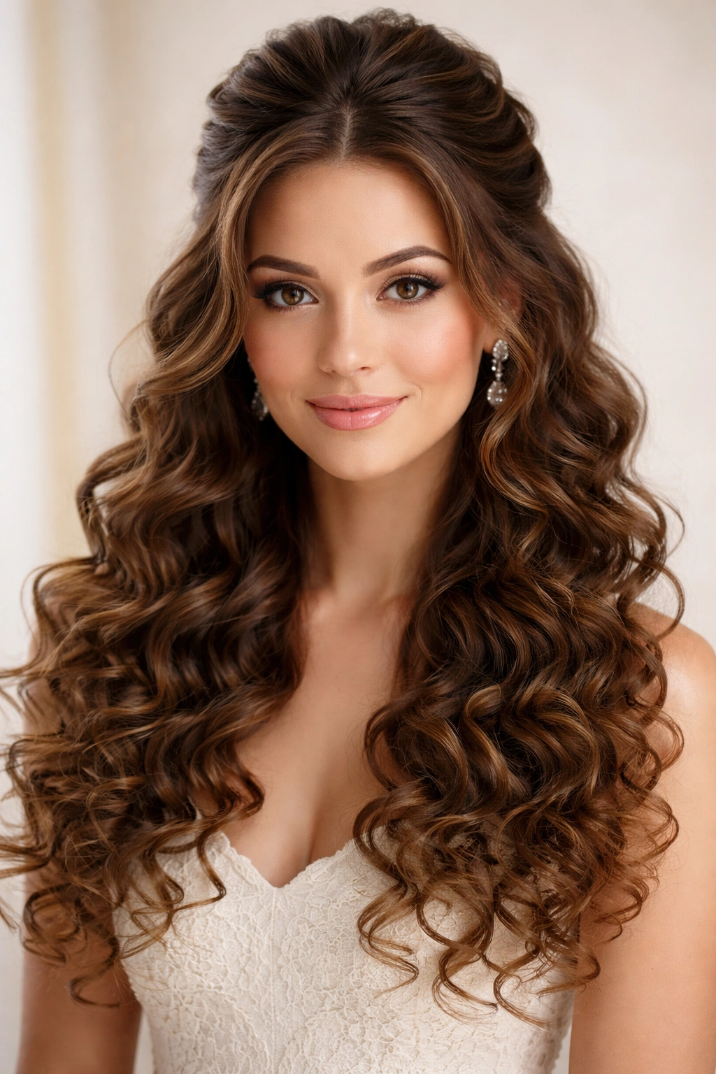 Half-up hairstyle with spiral curls cascading down