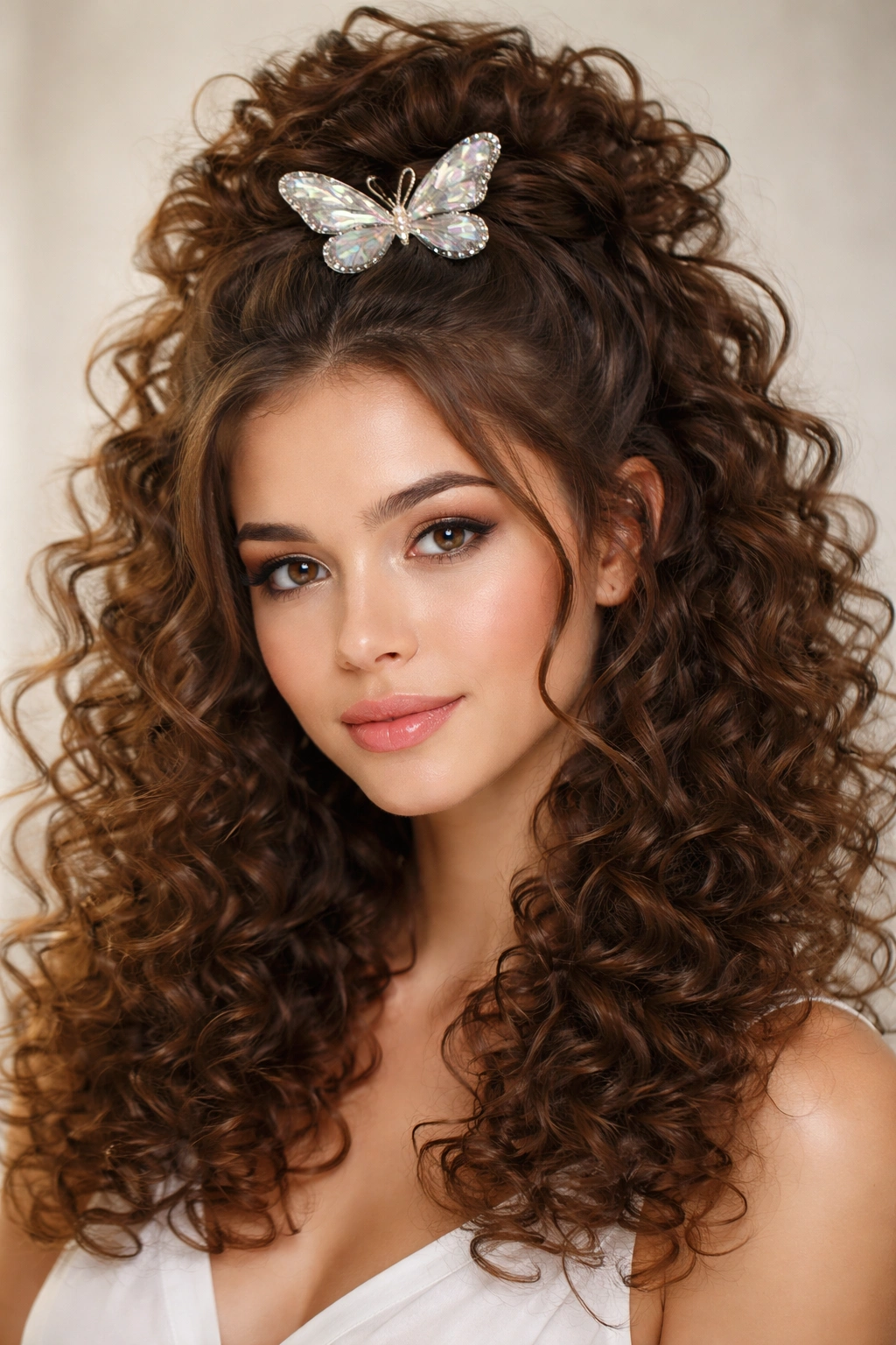 Curly half-up hairstyle with voluminous crown and butterfly clip