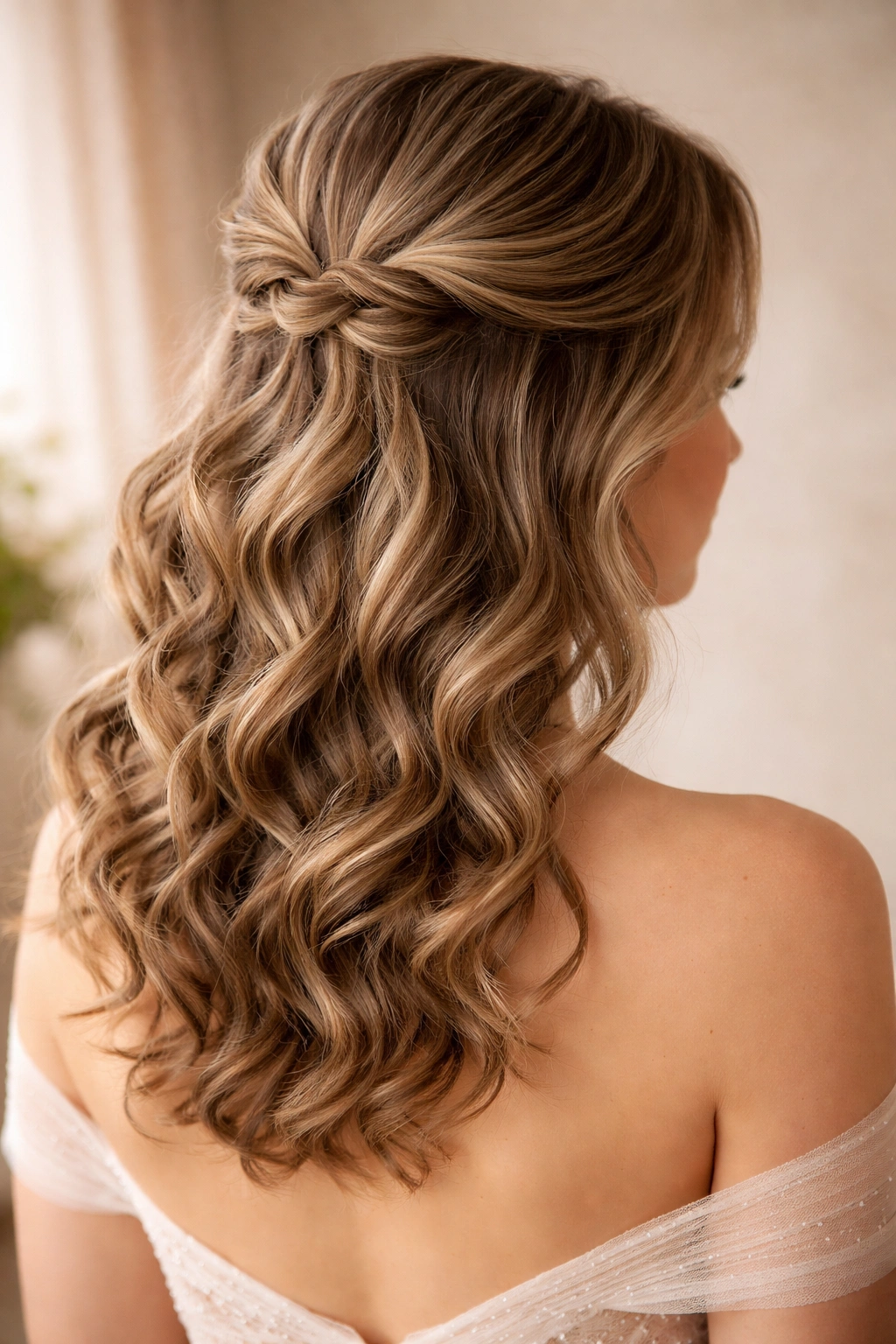 Curly half-up with loops pinned at crown for dimension