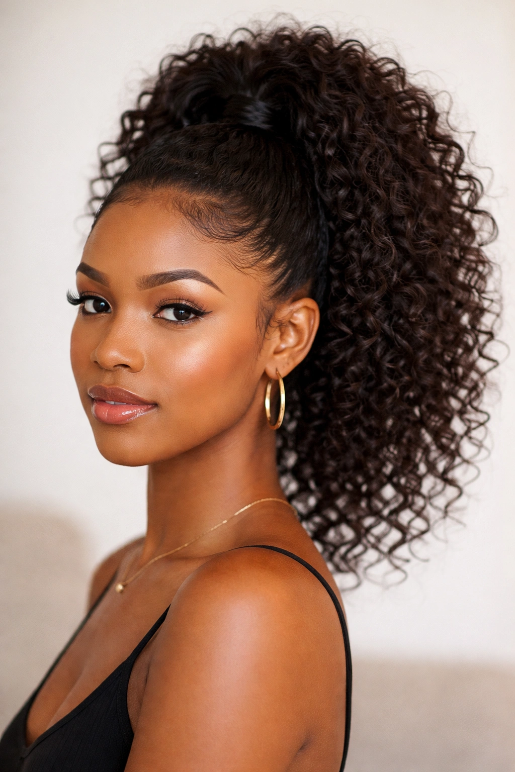 Curly high ponytail with defined natural curls